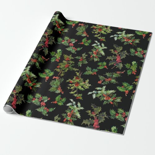 Festive Vintage Holly Black Background Wrapping Paper