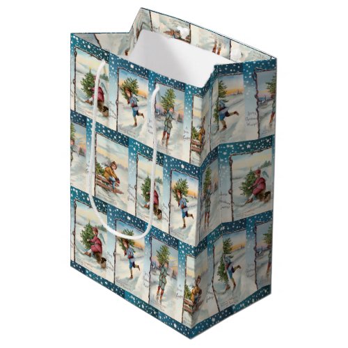 Festive Vintage Ice Skating Angels Medium Gift Bag