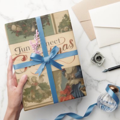 festive vintage merry christmas ephemera collage  wrapping paper