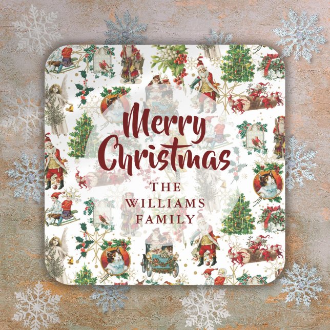Festive Vintage Merry Christmas Family Name Square Sticker (Festive Vintage Merry Christmas Family Name Square Sticker)