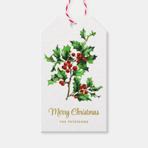 Festive Vintage Merry Christmas Holly Berries Gift Tags