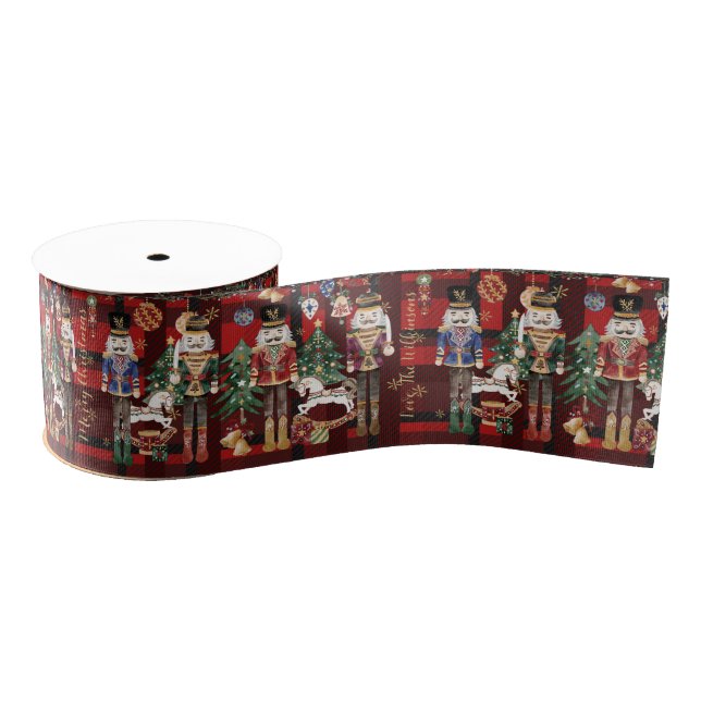 Festive Vintage Nutcracker Soldiers Red Plaid Grosgrain Ribbon (Spool)