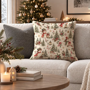 Festive Vintage Red Berry Botanical Throw Pillow