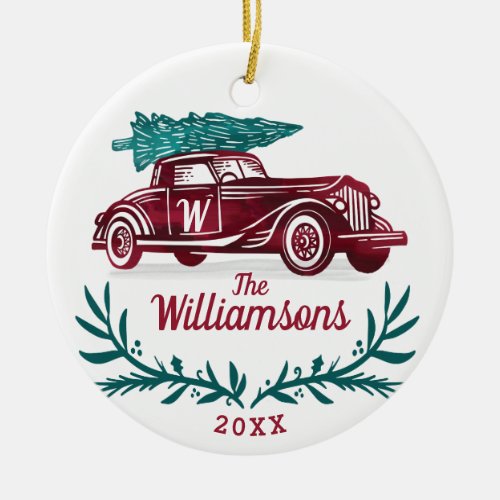 Festive Vintage Red Car Christmas Tree Monogram Ceramic Ornament