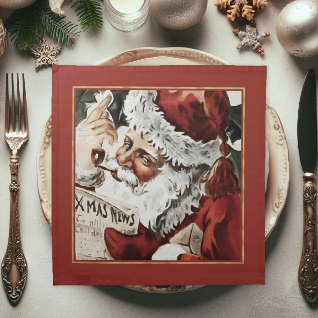 Festive Vintage Santa Claus Christmas Dinner Cloth Napkin (Christmas Cloth dinner napkins, vintage Santa Claus dinner napkins for Christmas Holiday)