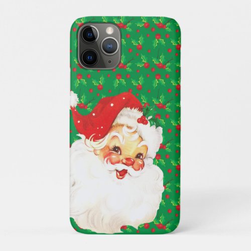 Festive Vintage Santa Claus Holly Leaves iPhone 11 Pro Case