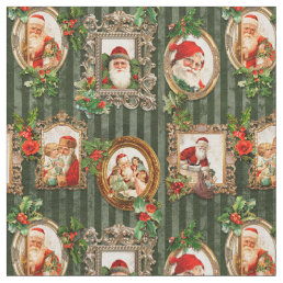 Festive Vintage Santas in Ornate Frames w/Holly  Fabric
