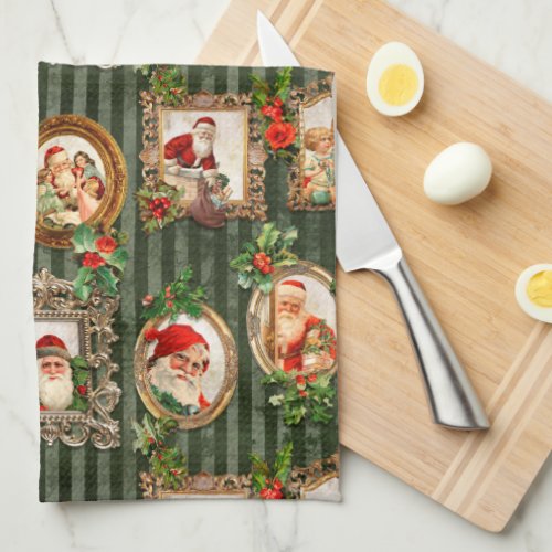 Festive Vintage Santas in Ornate Frames wHolly  Kitchen Towel