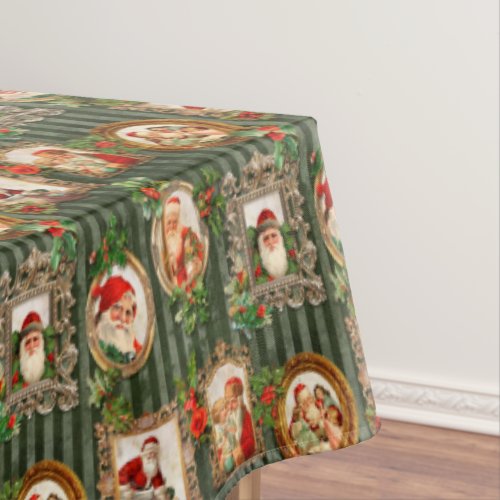 Festive Vintage Santas in Ornate Frames wHolly  Tablecloth