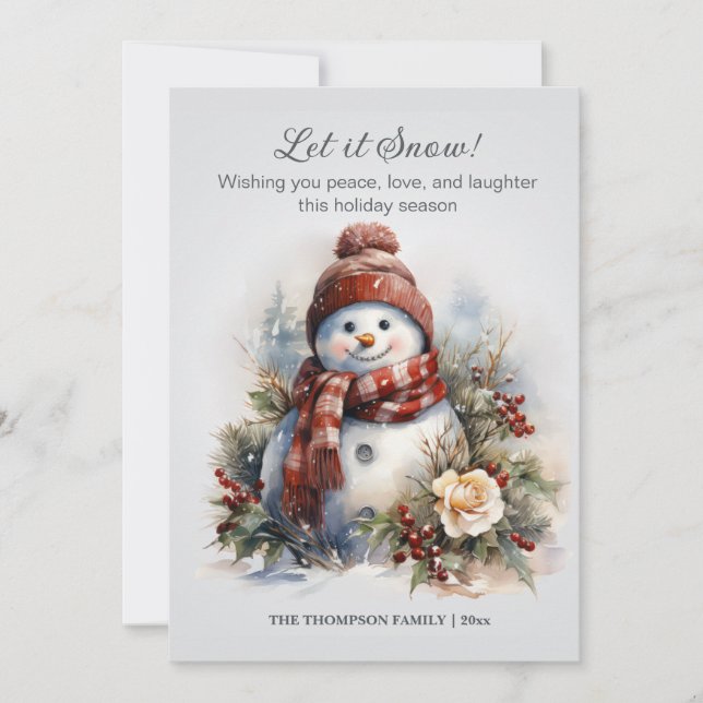 Festive Vintage Snowman Checkered Scarf Winter  Holiday Card (Front)