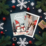 Festive Vintage Snowman Christmas Family Photo Holiday Card<br><div class="desc">Discover Our Festive Vintage Snowman Christmas Greeting Card Send warm holiday wishes with our Festive Vintage Snowman Christmas Greeting Card. This charming design encapsulates the magic of the season through adorable illustrations of two snowmen, nestled in a snowy landscape adorned with a candy cane lamp post, presents, and a beautifully...</div>