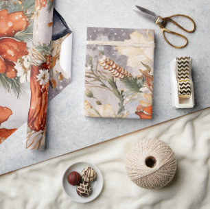 Festive Vintage Snowman & Christmas Florals Wrapping Paper