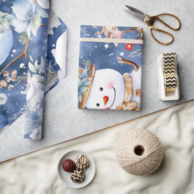 Festive Vintage Snowman & Christmas Florals Wrapping Paper (Crafts)