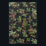 Festive Vintage Style Holly-Black Background Kitchen Towel<br><div class="desc">Festive Christmas green holly leaves and red berries. Charming and nostalgic holiday graphics from Victorian era greeting cards digitally restored to new vibrancy and detail. Background color is editable (black used in preview) and seamless pattern can be scaled up or down.</div>