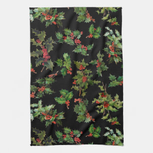 Festive Vintage Style Holly-Black Background Kitchen Towel