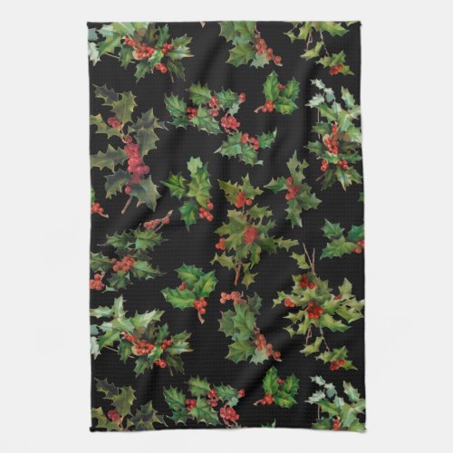 Festive Vintage Style Holly_Black Background Kitchen Towel