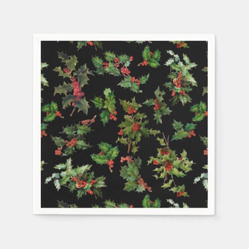 Festive Vintage Style Holly_Black Background Napkins