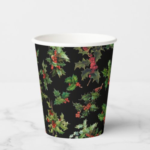 Festive Vintage Style Holly_Black Background Paper Cups