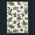 Festive Vintage Style Holly Kitchen Towel<br><div class="desc">Festive Christmas green holly leaves and red berries. Charming and nostalgic holiday graphics from Victorian era greeting cards digitally restored to new vibrancy and detail. Background color is editable and seamless pattern can be scaled up or down.</div>