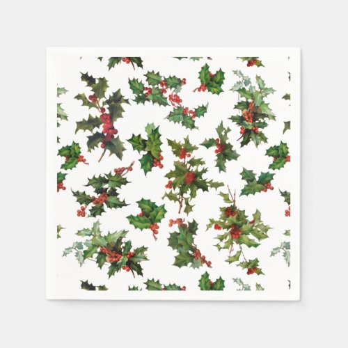 Festive Vintage Style Holly_White Background Napkins