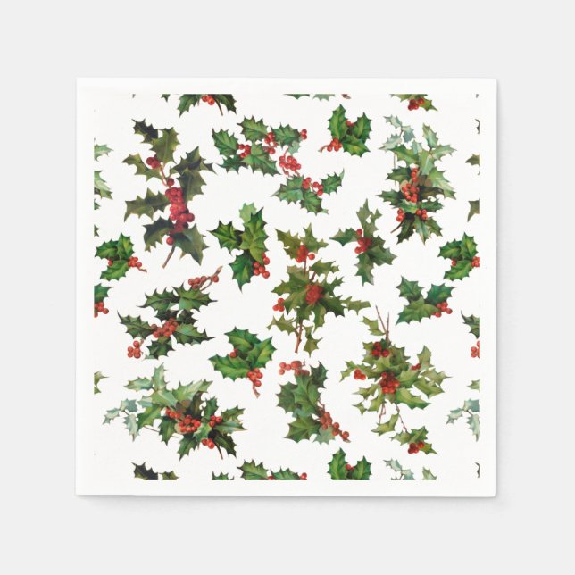 Festive Vintage Style Holly-White Background Napkins (Front)