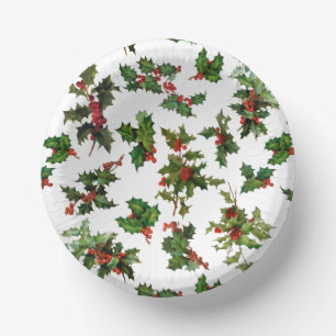Festive Vintage Style Holly-White Background Paper Bowls
