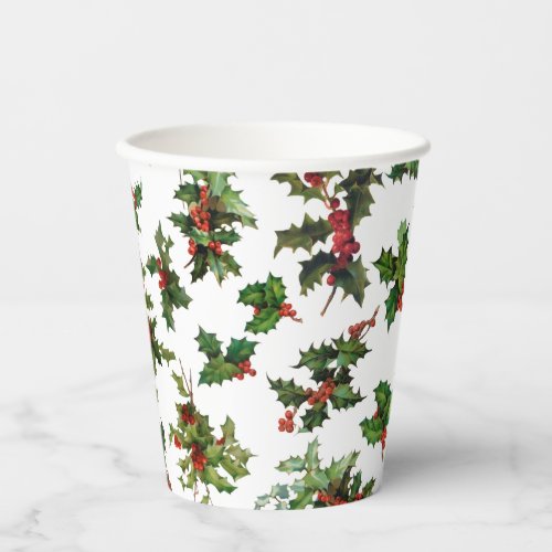 Festive Vintage Style Holly_White Background Paper Cups
