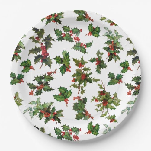 Festive Vintage Style Holly_White Background Paper Plates
