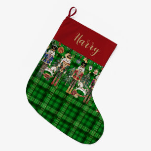 Festive Vintage The Nutcracker Green Plaid Large Christmas Stocking