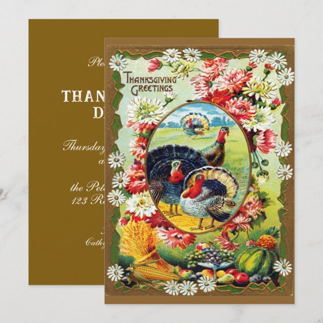 Festive Vintage Traditional Thanksgiving Dinner  Invitation (Front/Back)