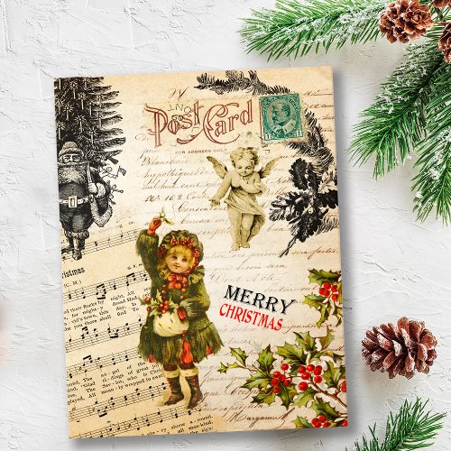 Festive Vintage Victorian Christmas Girl and Holly