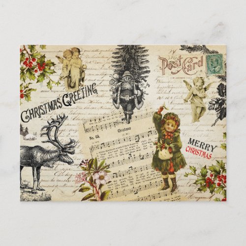 Festive Vintage Victorian Christmas Girl and Holly Postcard