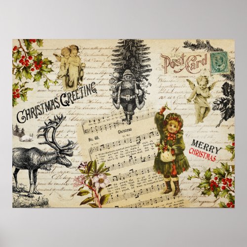 Festive Vintage Victorian Christmas Girl and Holly Poster