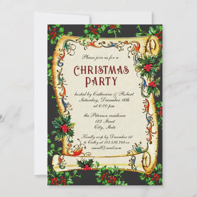 Festive Vintage Victorian Christmas Party Scroll Invitation | Zazzle