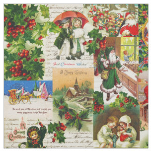 Festive Vintage Victorian Christmas Santa Collage Fabric