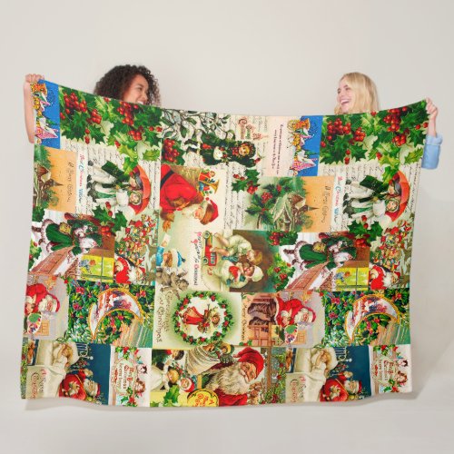 Festive Vintage Victorian Christmas Santa Collage  Fleece Blanket