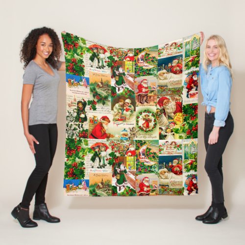 Festive Vintage Victorian Christmas Santa Collage  Fleece Blanket