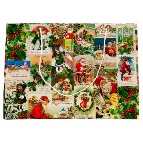 Festive Vintage Victorian Christmas Santa Collage Large Gift Bag