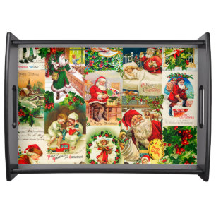 Festive Vintage Victorian Christmas Santa Collage Serving Tray