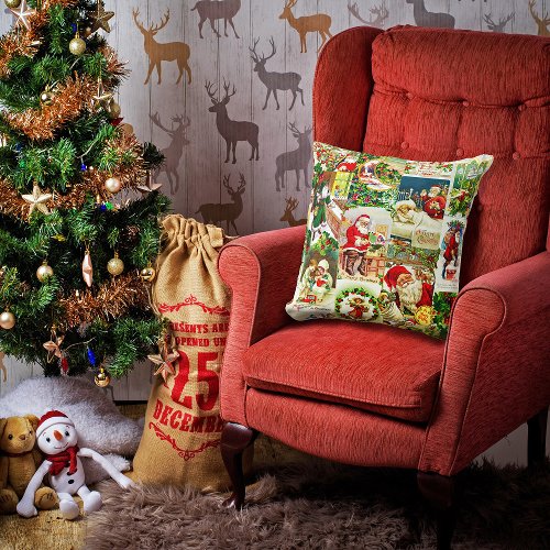 Festive Vintage Victorian Christmas Santa Collage Throw Pillow