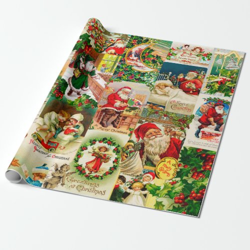 Festive Vintage Victorian Christmas Santa Collage Wrapping Paper
