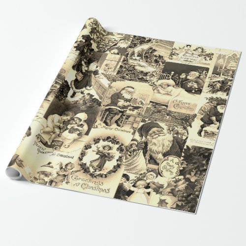 Festive Vintage Victorian Christmas Santa Collage Wrapping Paper