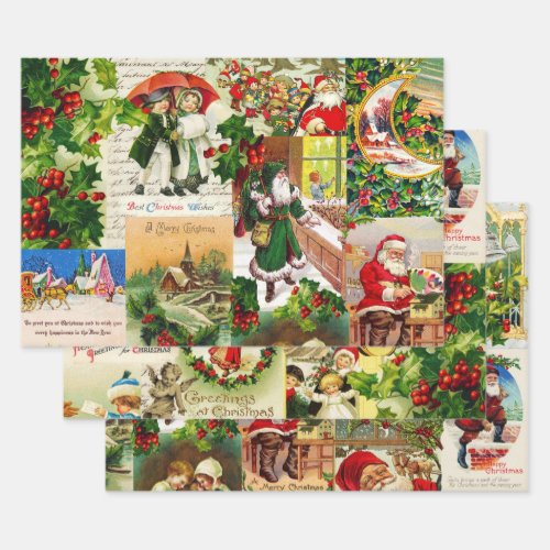 Festive Vintage Victorian Christmas Santa Collage Wrapping Paper Sheets