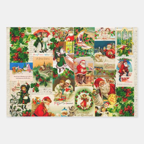 Festive Vintage Victorian Christmas Santa Collage  Wrapping Paper Sheets