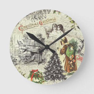 Festive Vintage Victorian Christmas Santa Round Clock