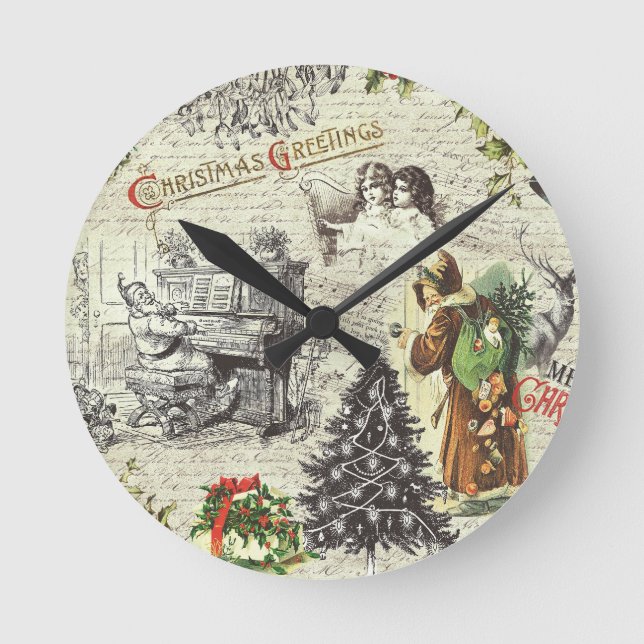 Festive Vintage Victorian Christmas Santa  Round Clock (Front)