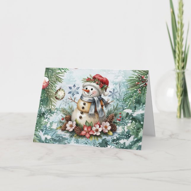 Festive Vintage Watercolor Christmas Snowman Blank Holiday Card (Front)