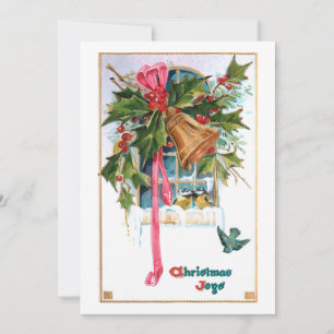 Festive Vintage Winter Window with Birds and Holly Holiday Card