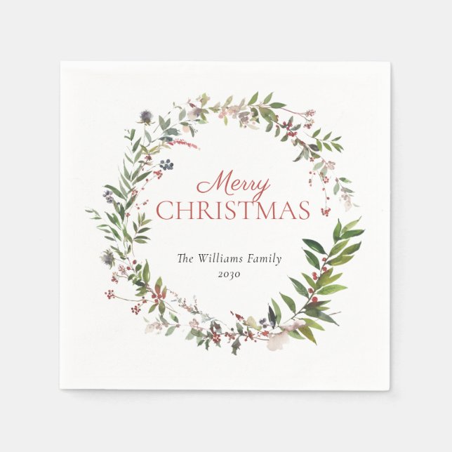 Festive Warm Winter Berry Wreath Merry Christmas Napkins (Front)