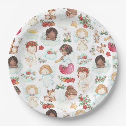 Festive Watercolor Artwork of Angels and Gifts Paper Plates